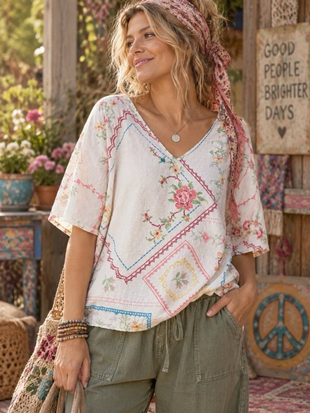 Natural Life Womens Easy V-Neck Top Sz Small Ivory Heirloom Cross Stitch Boho